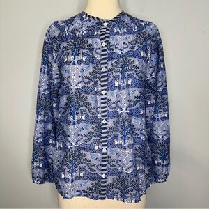 Print Fresh Silk Cotton Blue Bagheera Buttoned Smocked Neck 3/4 Sleeve Blouse S
